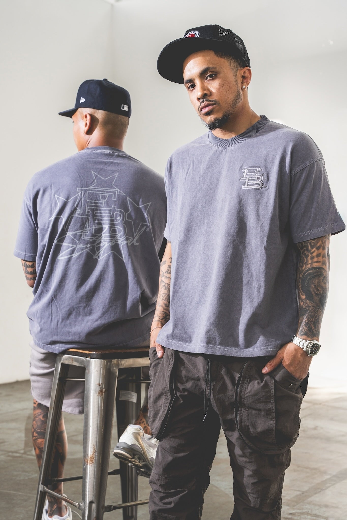 Sun Fade Box Tee- Navy Blue Front "EB" Embroidered