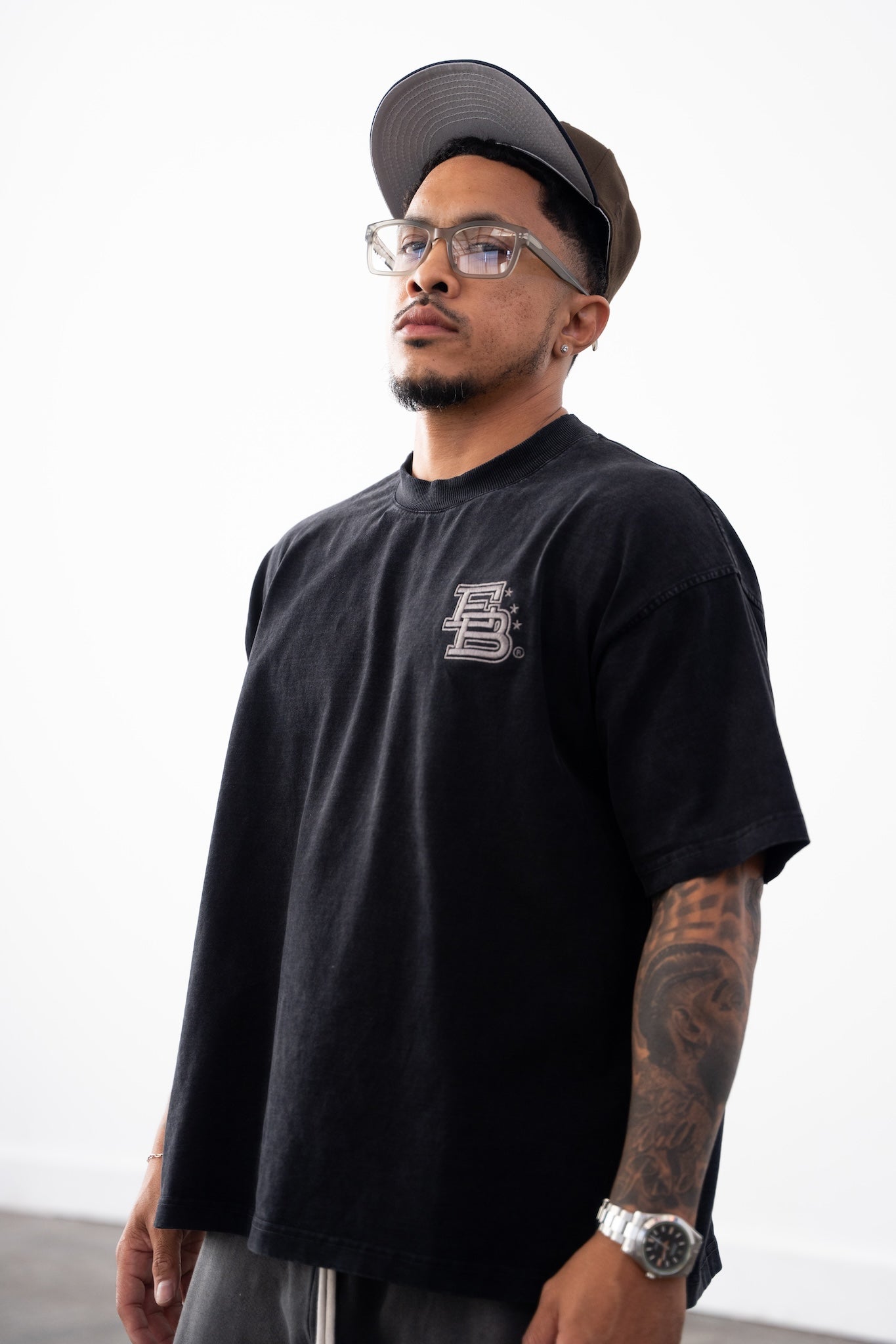Sun Fade Box Tee - Vintage Black Front "EB" Embroidered