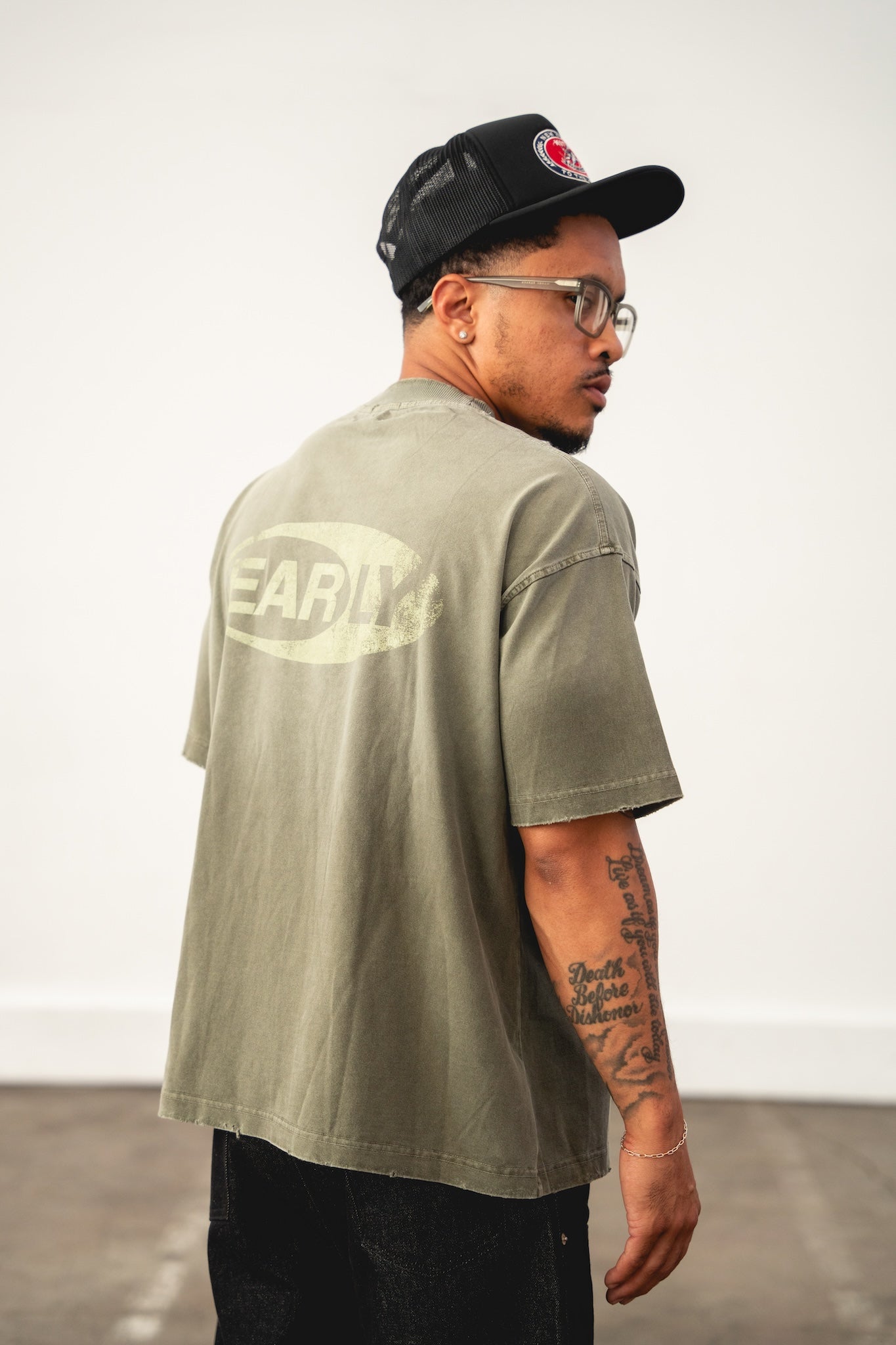 Sun Fade Box Tee- Sage Green Front "EB" Embroidered