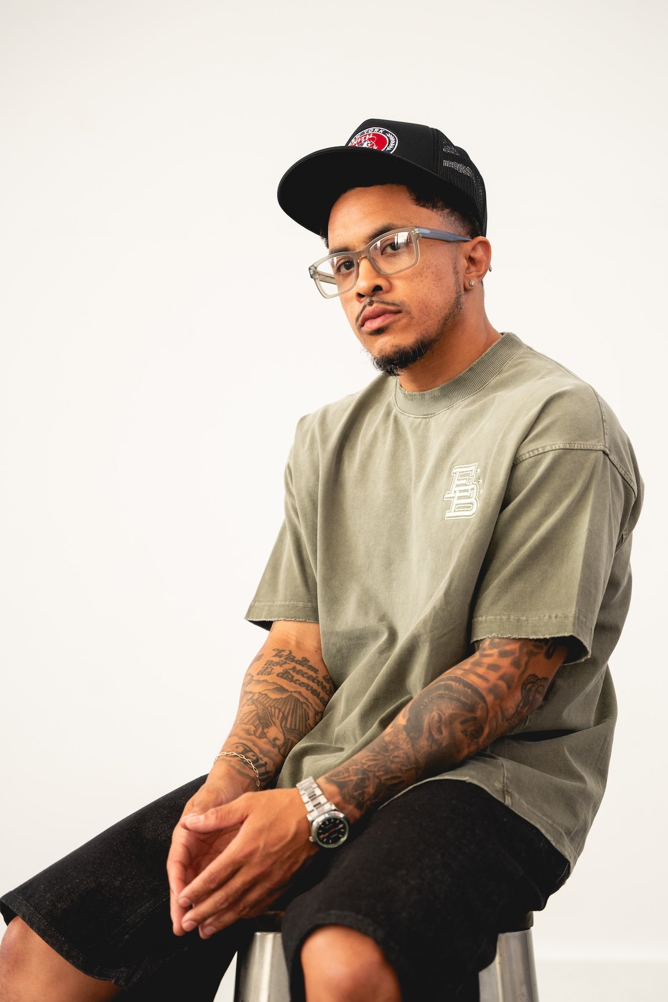 Sun Fade Box Tee- Sage Green Front "EB" Embroidered