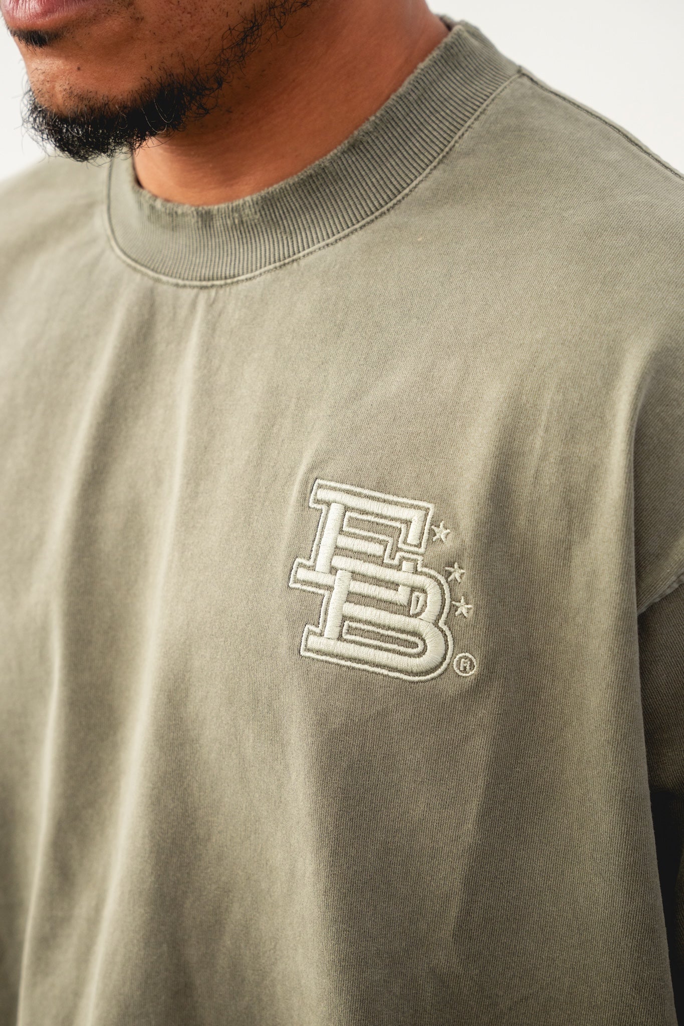 Sun Fade Box Tee- Sage Green Front "EB" Embroidered
